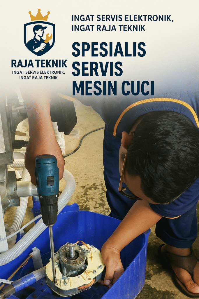 Teknisi sedang memperbaiki mesin cuci front loading di Solo