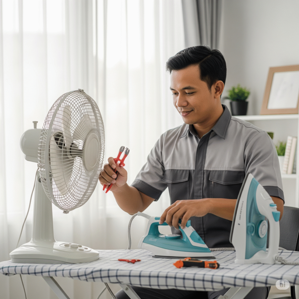 Cari jasa perbaikan kipas angin & setrika Solo? Raja Teknik ahlinya! Servis kipas tidak berputar/mati, setrika tidak panas/korslet. Cepat, profesional, & bergaransi di Solo Raya!